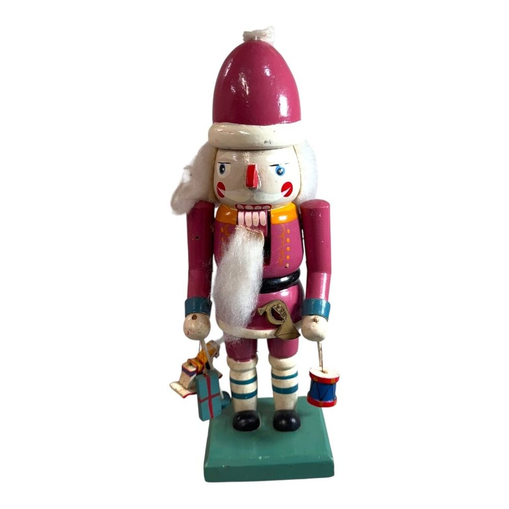 Vintage Wooden Nutcracker Santa Claus Rocking Horse Gifts & Beard 11" Holiday
